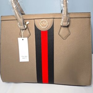 Marilyn‎ Monroe Large Taupe With Red & Black Stripe Vegan Tote Bag Purse NWT